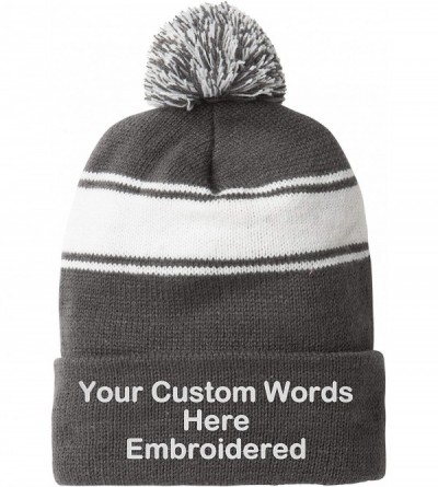 Skullies & Beanies Customize Your Beanie Personalized with Your Own Text Embroidered - Stripe Pom Pom Iron Grey/White - C618L...