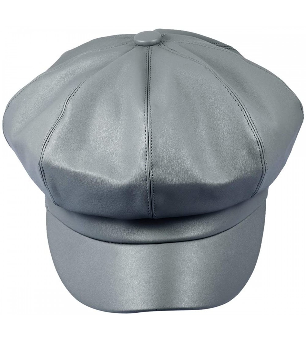 Newsboy Caps Women Newsboy Hats- Visor Beret Cabbie Hat 8 Panel Ivy Cap PU Leather - Grey - CZ18KO2KDT6 $13.08
