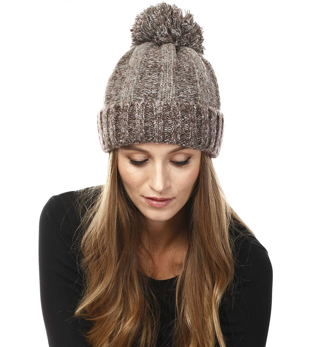 Skullies & Beanies Women's Acrylic Two Tone- Solid Faux Fur Pom Pom with Fleece Lining Beanie Hat - Brown + Grey - C518IKHG4K...