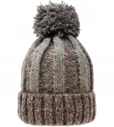 Skullies & Beanies Women's Acrylic Two Tone- Solid Faux Fur Pom Pom with Fleece Lining Beanie Hat - Brown + Grey - C518IKHG4K...