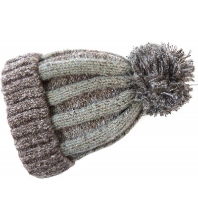 Skullies & Beanies Women's Acrylic Two Tone- Solid Faux Fur Pom Pom with Fleece Lining Beanie Hat - Brown + Grey - C518IKHG4K...
