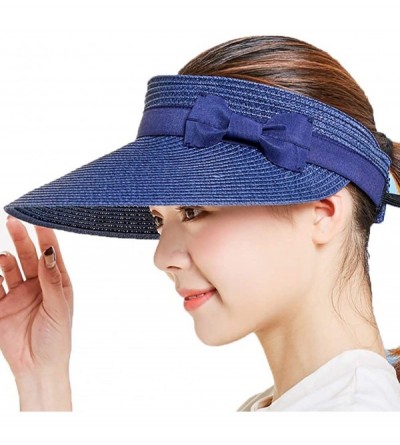 Sun Hats Women's Summer Foldable Straw Sun Visor w/Cute Bowtie Comfortable Beach Cap - Bow Blue - CE196EGH4XS $31.08
