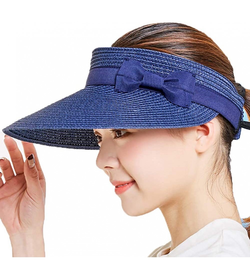 Sun Hats Women's Summer Foldable Straw Sun Visor w/Cute Bowtie Comfortable Beach Cap - Bow Blue - CE196EGH4XS $12.68