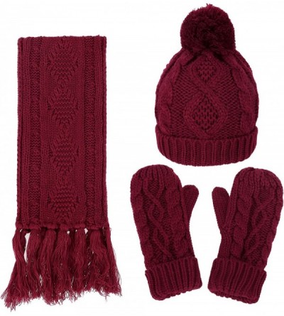 Skullies & Beanies Women's 3 Piece Winter Set - Knitted Beanie- Scarf- Gloves - Burgundy 1 - CY18L2RCC5Q $30.51