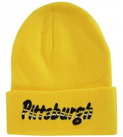 Skullies & Beanies Pittsburgh Adult Size Wavy Script Winter Knit Beanie Hat - Gold - CI186ZC26DE $13.20