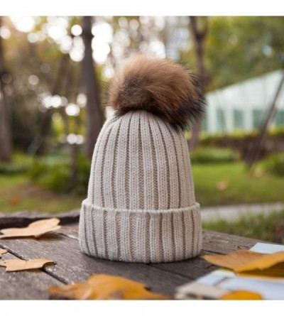 Skullies & Beanies Big Fur Pom Pom Hat - Winter Knit hat for Women Thick Warm Caps Skullies Beanies AH62 - Khaki 62 - CU189LQ...