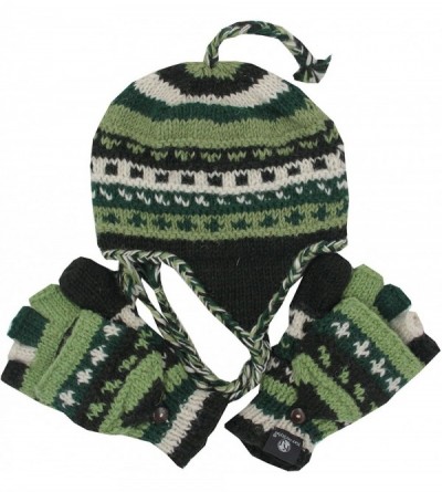 Skullies & Beanies Nepal Hand Knit Ear Flaps Beanie Ski Wool Hat & Glove Mitten Set - Green 2 - C712N106JLR $21.89