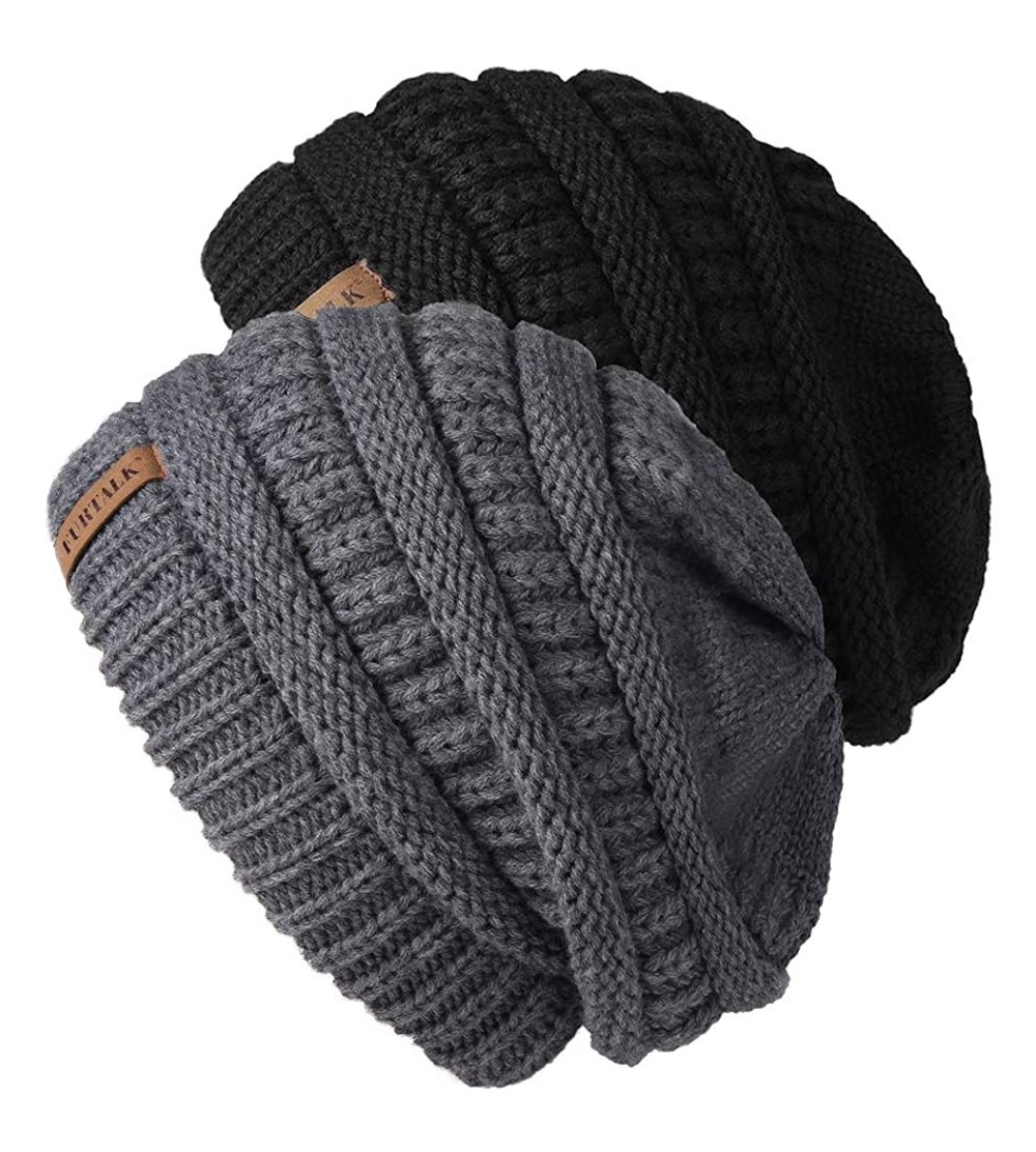 Skullies & Beanies Winter Beanie for Women - 2 Packs Fleece Lined Warm Knit Skull Slouch Beanie Hat - Black & Flowergrey - CG...