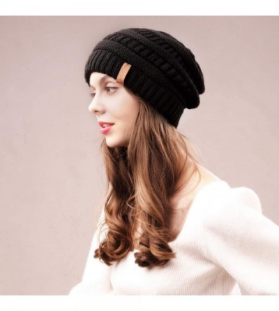 Skullies & Beanies Winter Beanie for Women - 2 Packs Fleece Lined Warm Knit Skull Slouch Beanie Hat - Black & Flowergrey - CG...