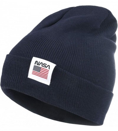 Skullies & Beanies NASA Logo Label 2-Way Soft Beanie Ribbed Knit Slouchy Cotton Hat - Navy - C21930N9ISZ $15.45