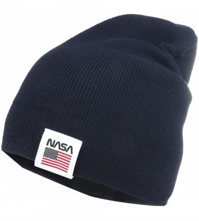 Skullies & Beanies NASA Logo Label 2-Way Soft Beanie Ribbed Knit Slouchy Cotton Hat - Navy - C21930N9ISZ $15.45