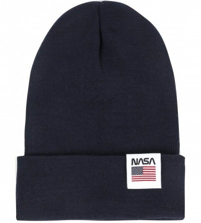 Skullies & Beanies NASA Logo Label 2-Way Soft Beanie Ribbed Knit Slouchy Cotton Hat - Navy - C21930N9ISZ $15.45