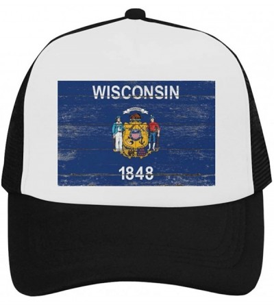 Skullies & Beanies Wisconsin State Flag Classic Vintage Mesh Trucker Cap Baseball Hat Black - CY189HMTO2A $31.15