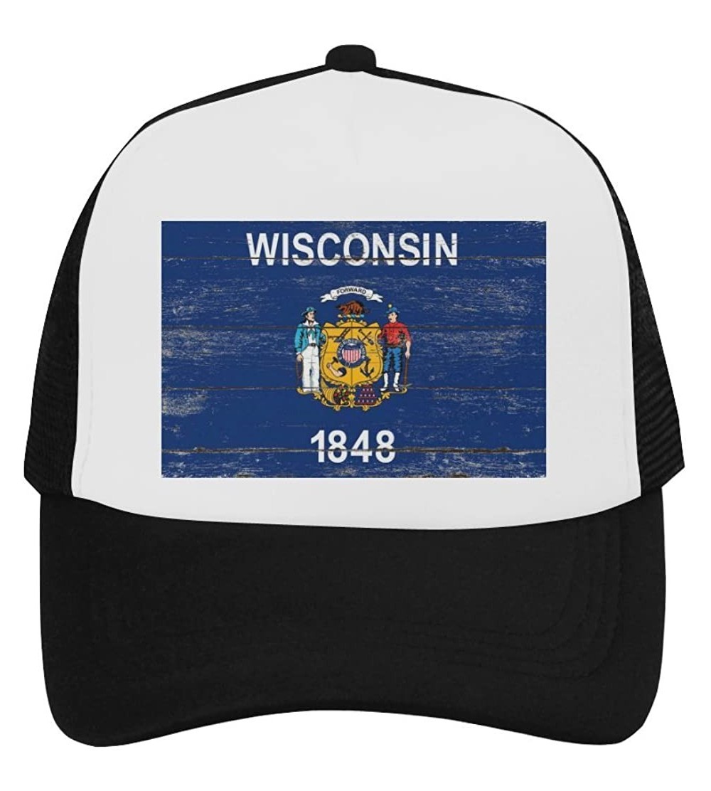Skullies & Beanies Wisconsin State Flag Classic Vintage Mesh Trucker Cap Baseball Hat Black - CY189HMTO2A $31.15
