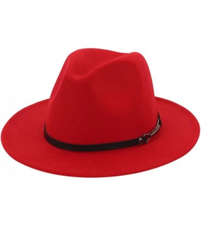 Fedoras Wide Brim Vintage Jazz Hat Women Men Belt Buckle Fedora Hat Autumn Winter Casual Elegant Straw Dress Hat - Red - CC18...