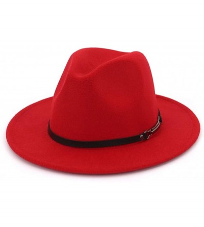 Fedoras Wide Brim Vintage Jazz Hat Women Men Belt Buckle Fedora Hat Autumn Winter Casual Elegant Straw Dress Hat - Red - CC18...