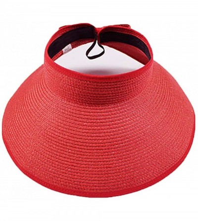 Visors Women's Summer Foldable Straw Sun Visor w/Cute Bowtie UPF 50+ Packable Wide Brim Roll-Up Visor Beach Hat - Red - C618O...