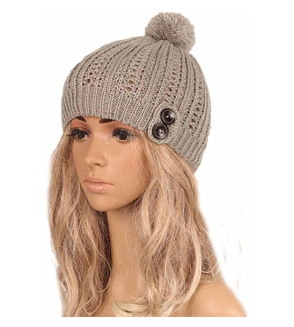 Skullies & Beanies Womens Hat Winter- Women Winter Pom Pom Buttons Hand Knit Slouchy Beanie Hat Skully Cap - Gray - CO188A354...