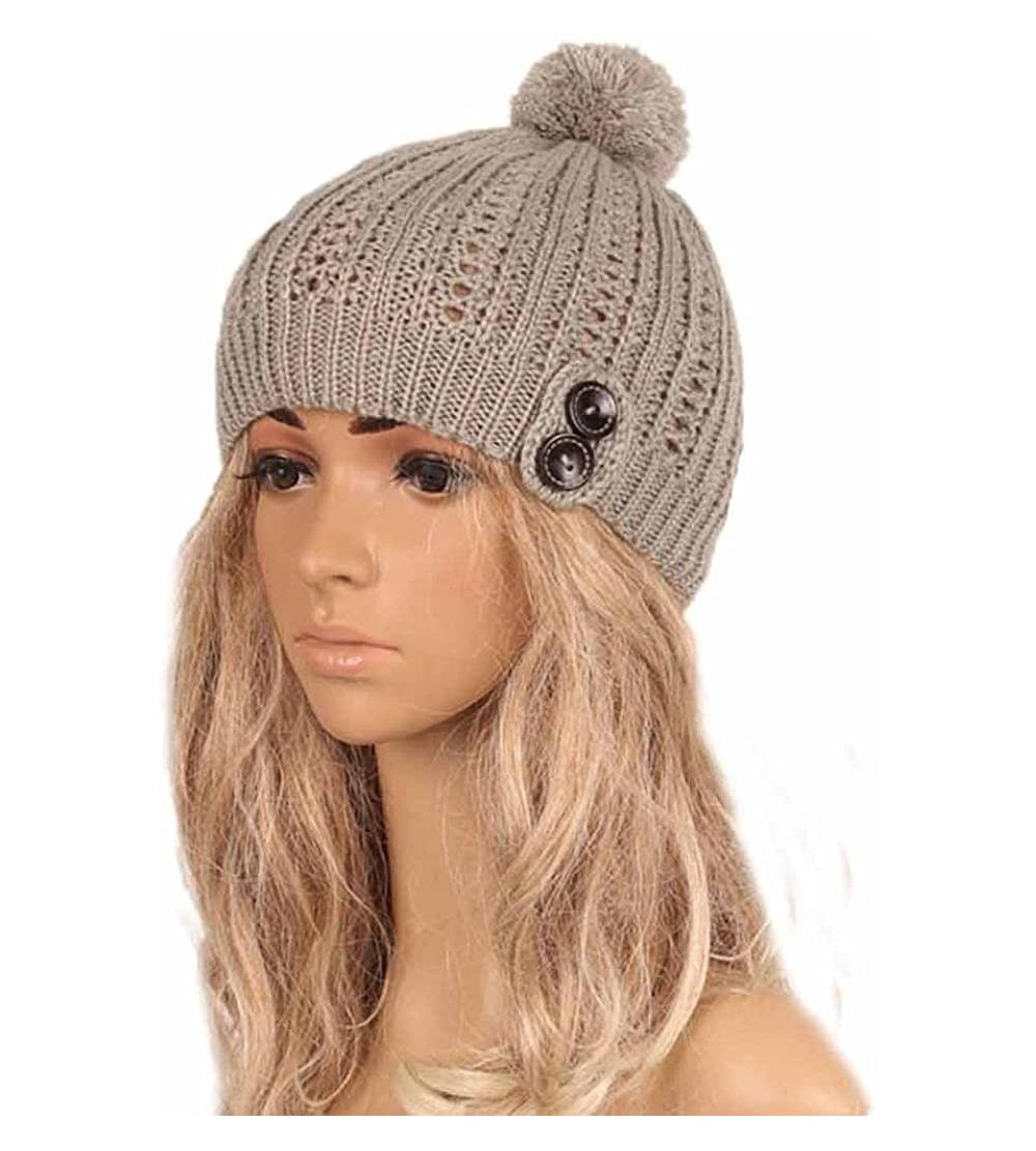 Skullies & Beanies Womens Hat Winter- Women Winter Pom Pom Buttons Hand Knit Slouchy Beanie Hat Skully Cap - Gray - CO188A354...