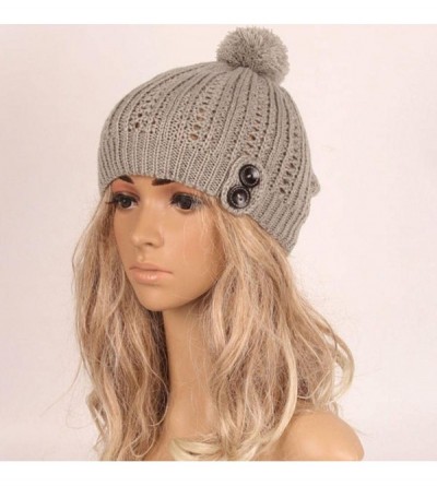 Skullies & Beanies Womens Hat Winter- Women Winter Pom Pom Buttons Hand Knit Slouchy Beanie Hat Skully Cap - Gray - CO188A354...