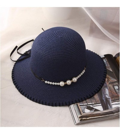 Sun Hats Cute Girls Sunhat Straw Hat Tea Party Hat Set with Purse - Navy Blue 1 - CZ193TNW9IM $17.81