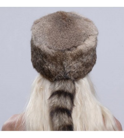 Bomber Hats Genuine Rabbit Fur Davy Crockett Hat Coonskin Cap with Raccoon Tail - Brown - CC12NFIPAYM $35.30