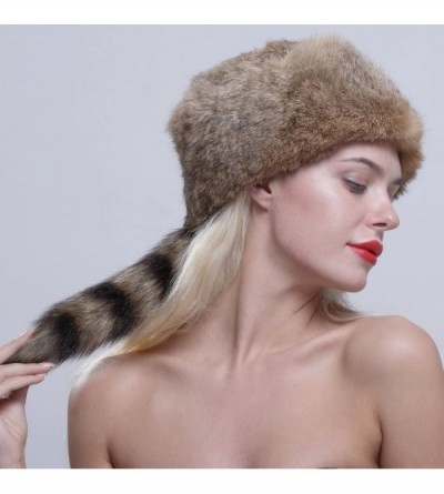 Bomber Hats Genuine Rabbit Fur Davy Crockett Hat Coonskin Cap with Raccoon Tail - Brown - CC12NFIPAYM $35.30