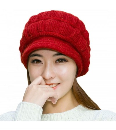 Skullies & Beanies Women's Winter Warm Hat Crochet Slouchy Beanie Knitted Caps with Visor - B-red - CT18HK2CKDL $11.61