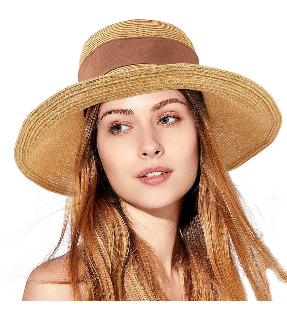Sun Hats Women Straw Sun Hat Bowknot Floppy Foldable Wide Brim Summer Beach Bucket Hat - Khaki - Beige - CA196IO6NUG $17.68