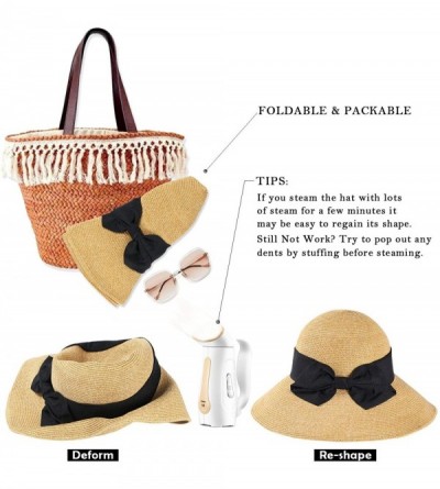 Sun Hats Women Straw Sun Hat Bowknot Floppy Foldable Wide Brim Summer Beach Bucket Hat - Khaki - Beige - CA196IO6NUG $17.68