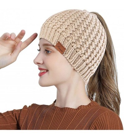 Skullies & Beanies Women Hat Knit Skull Beanie Winter Outdoor Runner Messy Bun High Ponytail Cap - Beige - CV18X8WI4AX $13.32