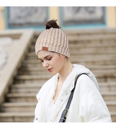 Skullies & Beanies Women Hat Knit Skull Beanie Winter Outdoor Runner Messy Bun High Ponytail Cap - Beige - CV18X8WI4AX $13.32