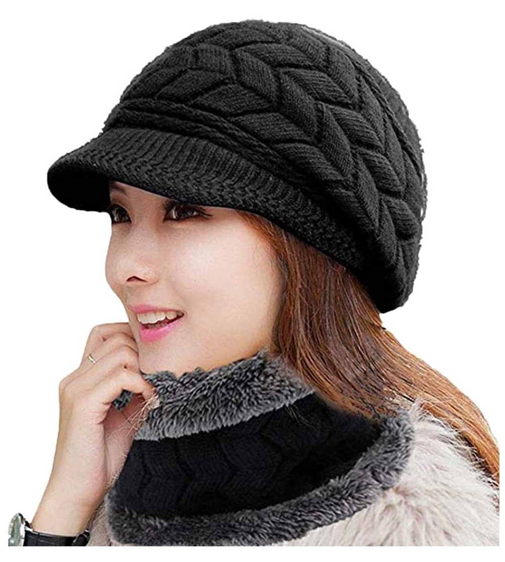 Skullies & Beanies Womens Winter Warm Knitted Hats Slouchy Wool Beanie Hat Cap with Visor - Black - CI18N8HMS0G $7.66