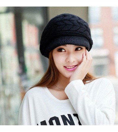 Skullies & Beanies Womens Winter Warm Knitted Hats Slouchy Wool Beanie Hat Cap with Visor - Black - CI18N8HMS0G $7.66