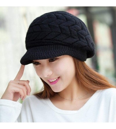 Skullies & Beanies Womens Winter Warm Knitted Hats Slouchy Wool Beanie Hat Cap with Visor - Black - CI18N8HMS0G $7.66