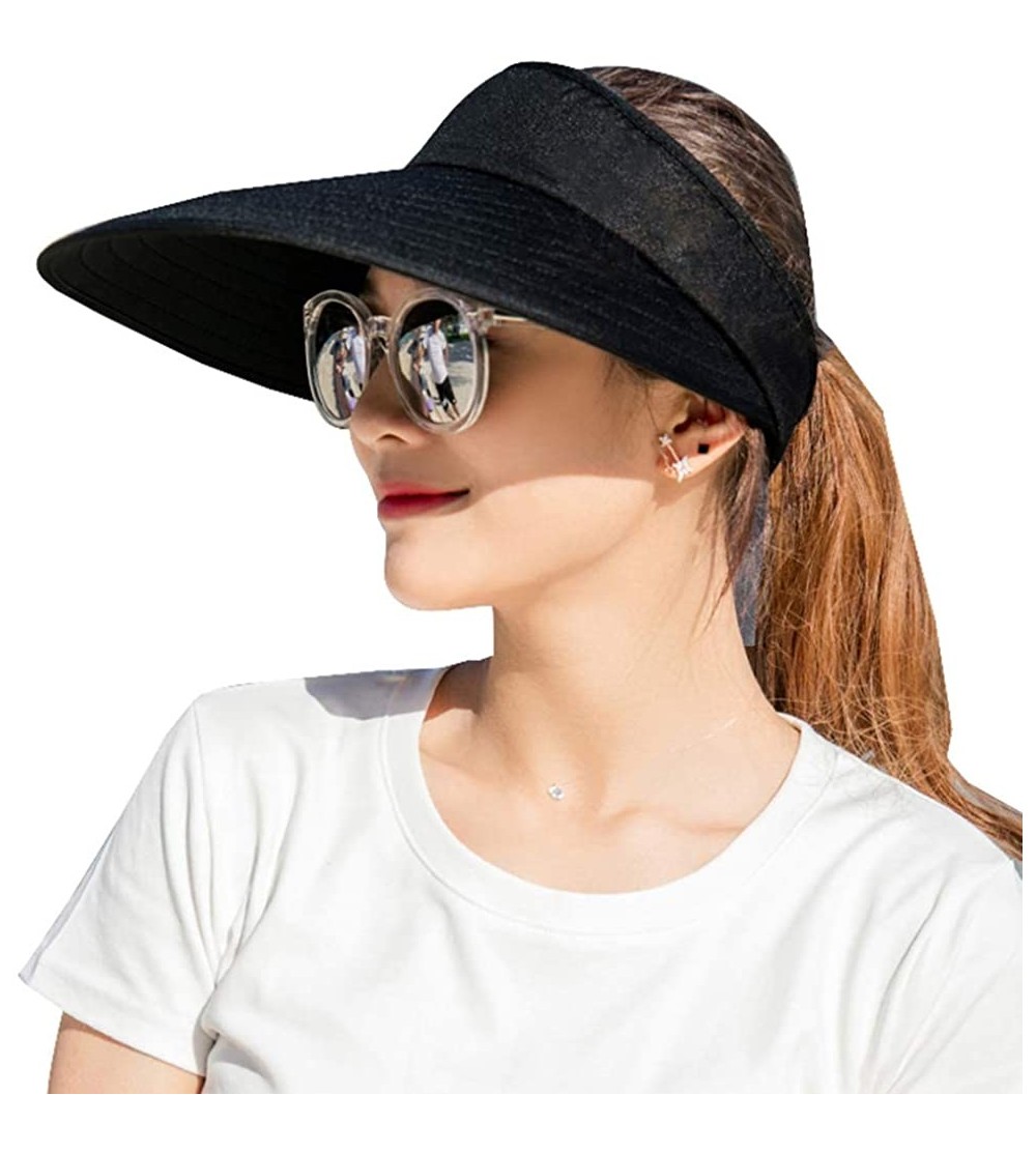 Sun Hats Sun Visor Hats Women Large Brim Summer UV Protection Beach Cap - Black - CF18DSCAYQ9 $16.80