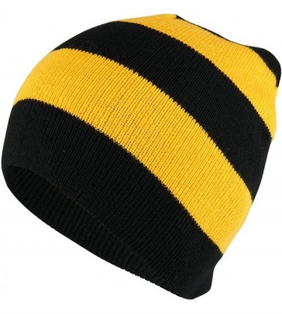Skullies & Beanies Two Tone Thick Striped Acrylic Knit Short Winter Beanie Hat - Black Gold - CZ18639RGOQ $22.59