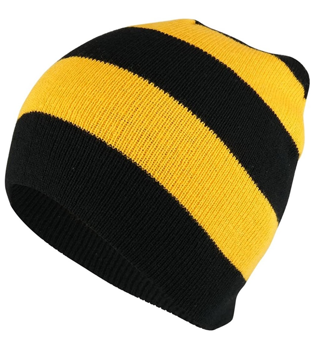 Skullies & Beanies Two Tone Thick Striped Acrylic Knit Short Winter Beanie Hat - Black Gold - CZ18639RGOQ $9.95