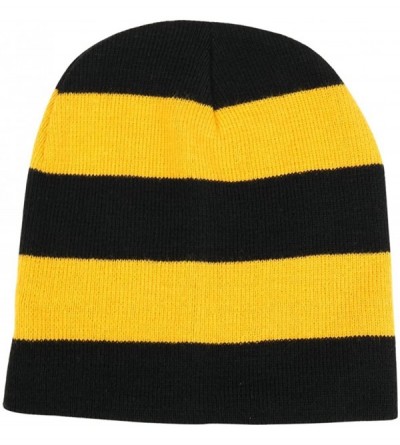 Skullies & Beanies Two Tone Thick Striped Acrylic Knit Short Winter Beanie Hat - Black Gold - CZ18639RGOQ $9.95