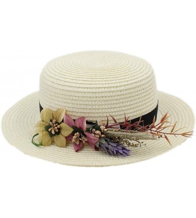 Sun Hats Women Straw Boater Hat Summer Beach Sun Sailor Bowler Cap w/Flower Hatband - Ivory - CL18TGMZ8XY $22.07