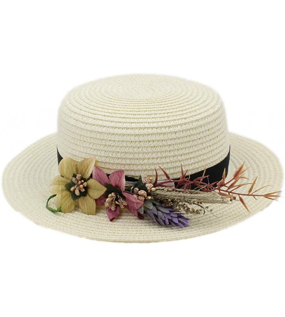 Sun Hats Women Straw Boater Hat Summer Beach Sun Sailor Bowler Cap w/Flower Hatband - Ivory - CL18TGMZ8XY $11.99