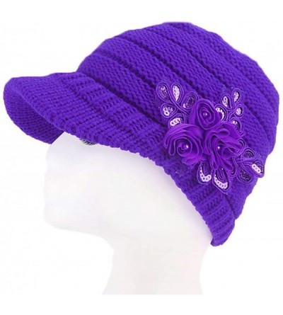 Skullies & Beanies Womens Hats Winter Beanie with Brim Warm Cable Knit Newsboy Cap Visor with Sequined Flower - E-purple - CZ...