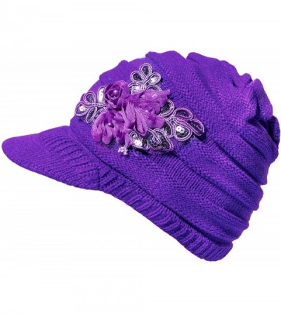 Skullies & Beanies Womens Hats Winter Beanie with Brim Warm Cable Knit Newsboy Cap Visor with Sequined Flower - E-purple - CZ...