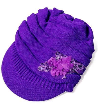Skullies & Beanies Womens Hats Winter Beanie with Brim Warm Cable Knit Newsboy Cap Visor with Sequined Flower - E-purple - CZ...