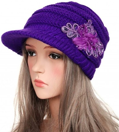 Skullies & Beanies Womens Hats Winter Beanie with Brim Warm Cable Knit Newsboy Cap Visor with Sequined Flower - E-purple - CZ...