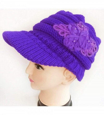 Skullies & Beanies Womens Hats Winter Beanie with Brim Warm Cable Knit Newsboy Cap Visor with Sequined Flower - E-purple - CZ...