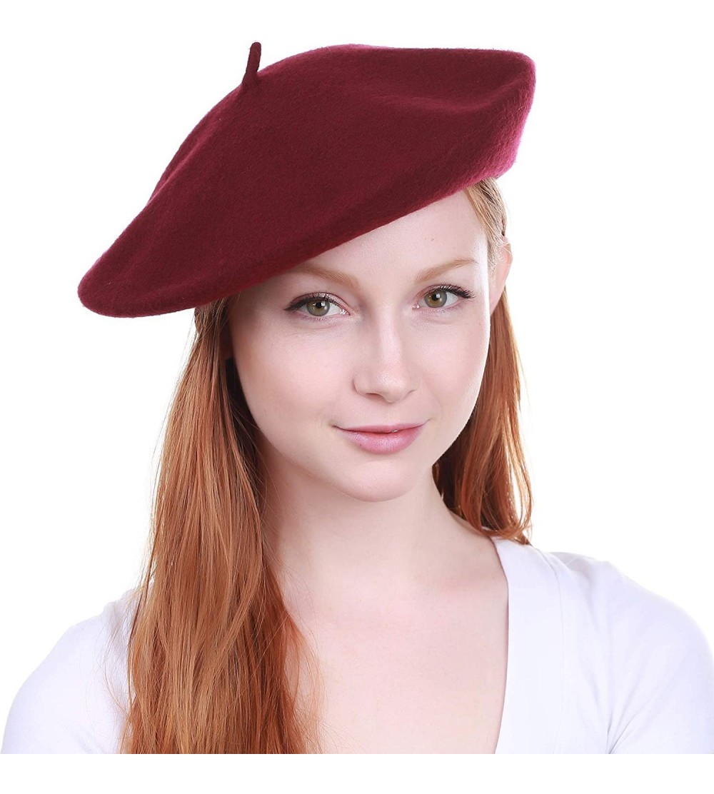 Berets 100% Wool French Beret for Womens Solid Colors Mens - Burgundy - CP18HCHNKYG $8.27