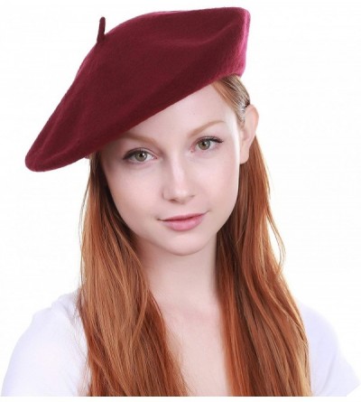 Berets 100% Wool French Beret for Womens Solid Colors Mens - Burgundy - CP18HCHNKYG $8.27