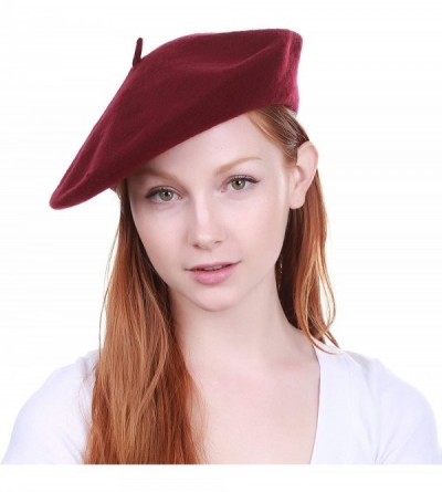 Berets 100% Wool French Beret for Womens Solid Colors Mens - Burgundy - CP18HCHNKYG $8.27