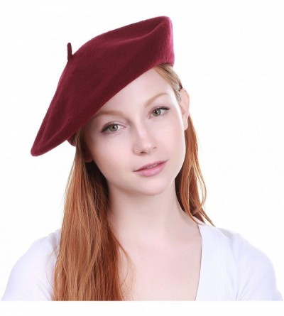 Berets 100% Wool French Beret for Womens Solid Colors Mens - Burgundy - CP18HCHNKYG $8.27